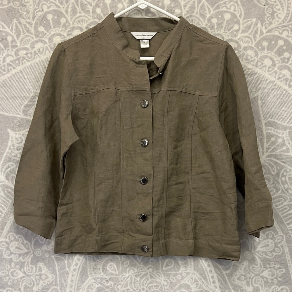 Women's LIGHT TAN ECRU Button-Up Jacket Linen Blend Modest Blazer M Medium